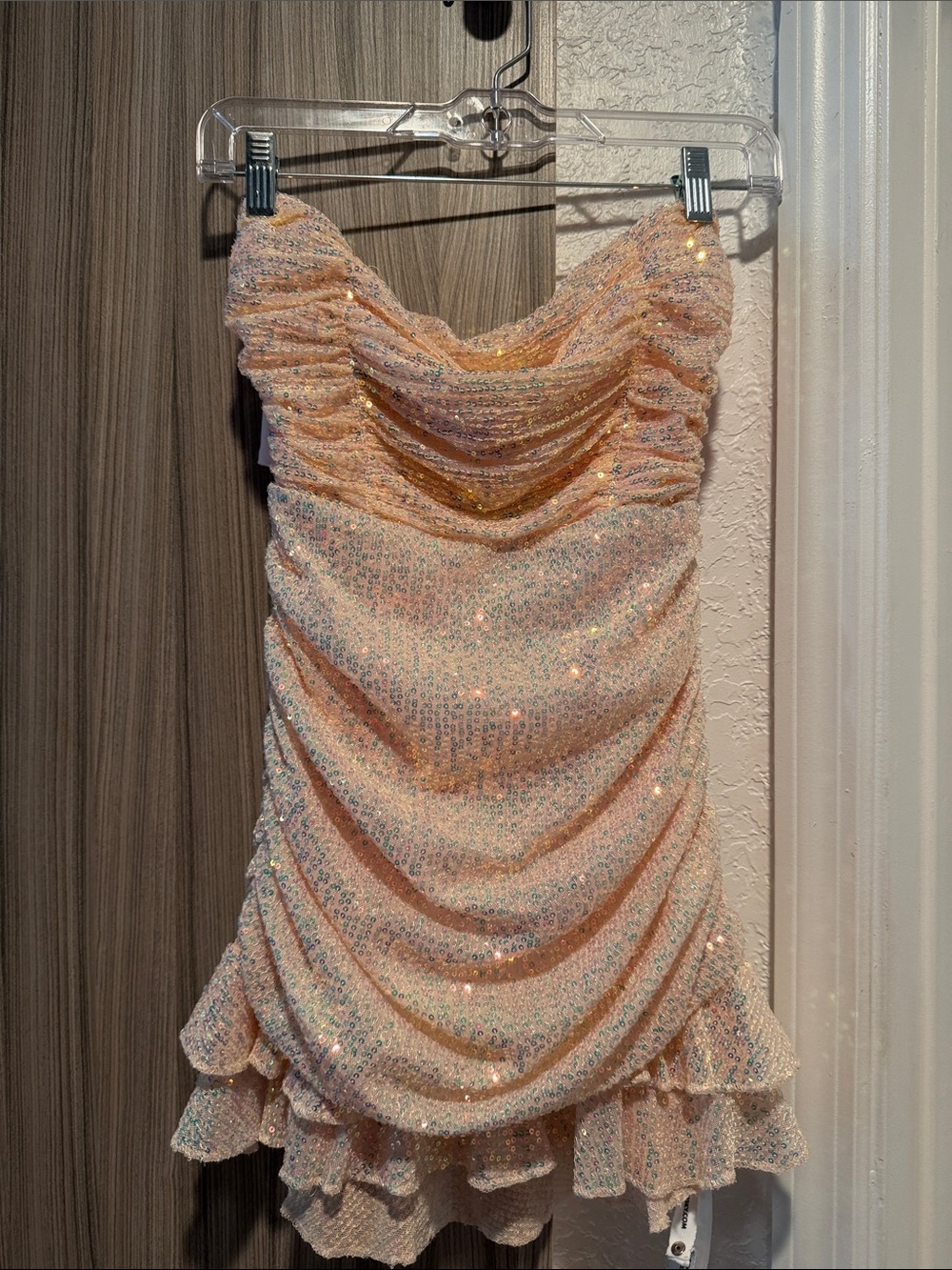 Lucy in the Sky Peach Sequin Ruched Strapless Mini Dress
